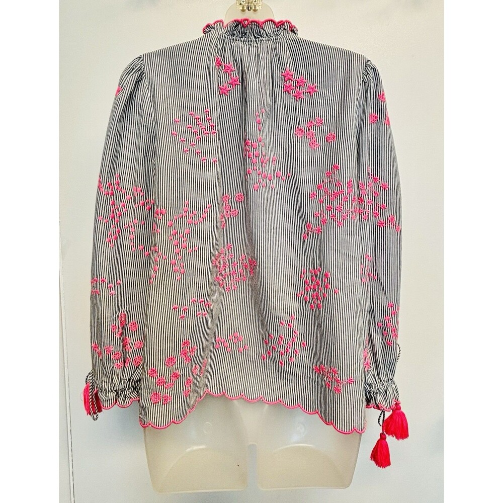 VILAGALLO Aurora embroidered Blouse in stripe pink embroidery Sz S Blue White - Picture 7 of 10